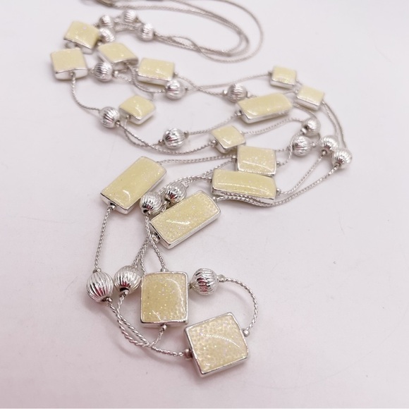 Double Strand Silver Tone Necklace Ivory Colored Rectangle Beads - Picture 1 of 5